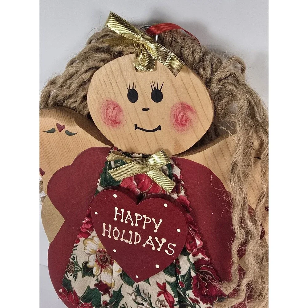 Vintage Christmas Happy Holidays Wooden Angel Plaque Handmade Folk Art JDI Inc